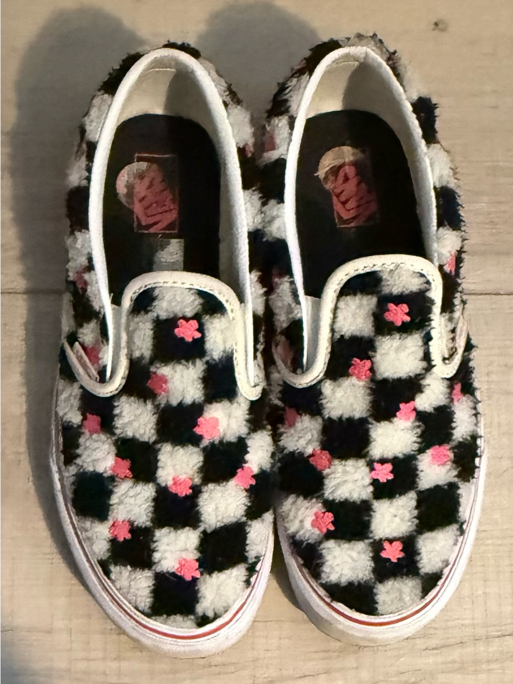 Vans Kids Slip-On Fuzzy Checkered Sneakers - Black, White & Pink